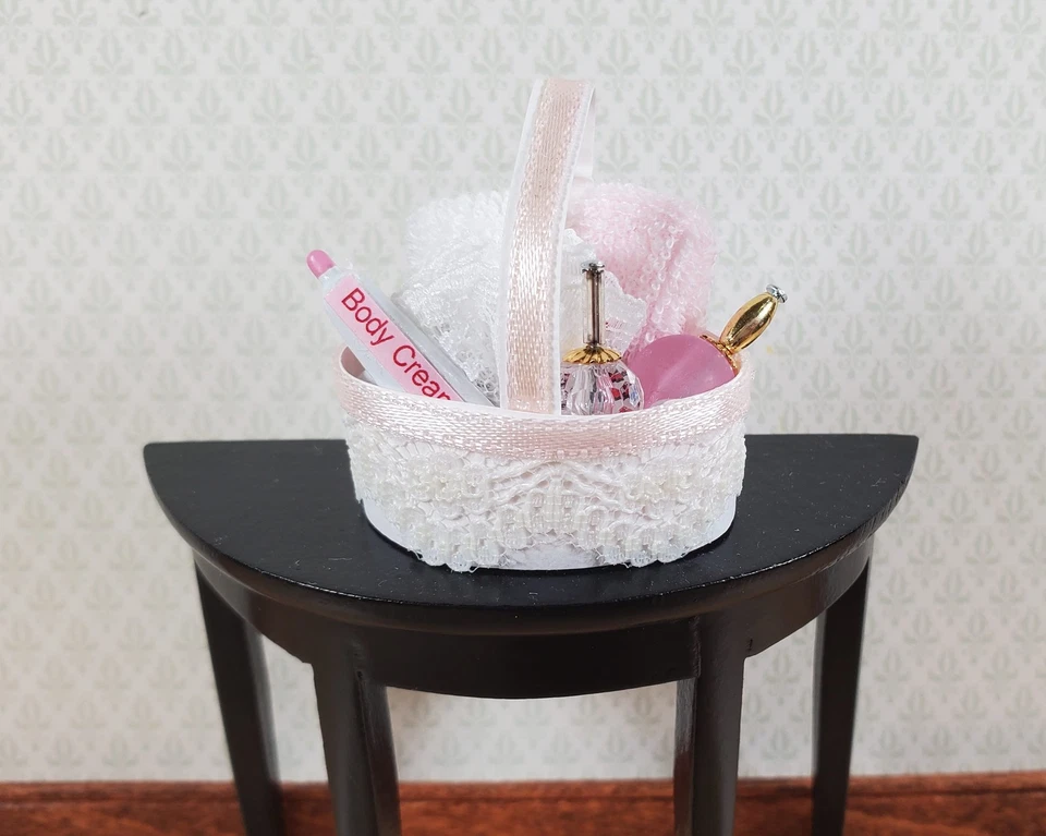 Dollhouse Miniature Basket With Towels and Perfume Blue Bath Accessory 1 12