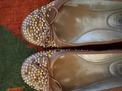 Jimmy Choo London 36.5 Embellished Ballet Flats In Taupe Leather Made In Italy - Image 1 of 4