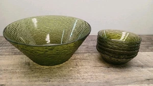 Set of Vtg. Anchor Hocking Salad BOWL & 6 sm BOWLS - Soreno Avocado Green - Picture 1 of 18