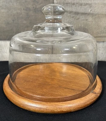 Dolphin Glass Dome & Teakwood Wood Cheese Dessert Board Server Display - Image 1 of 4