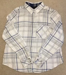 White House Black Market Plaid Shirt Blouse Size 12 Ivory Blue Grey - Picture 1 of 12