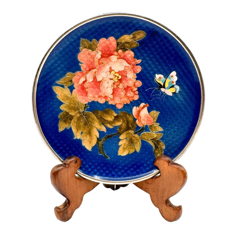 Antiguo Plato Ginbari Cloisonne Plateado Azul Coral Peonía Flor Mariposa con Soporte Foto 1 de 4