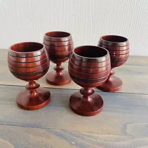 Set Of 4 Hand Turned Wood Goblets Glasses Round Mid Century Modern Brown (X) - Picture 1 of 6