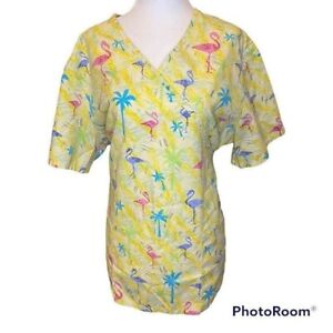 Women Scrub Top Large Yellow SB Scrubs Faux Wrap Tie Waist Palm Trees Flamingos