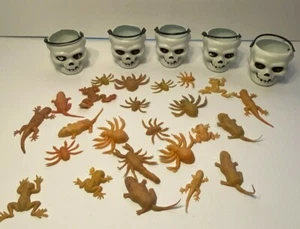 Vintage Halloween Decorations Plastic Skull Buckets (1990) Rubber Creepy Bugs  - Picture 1 of 5