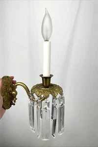 PAIR RESTORED Antique Vtg Crystal Wall Sconces Victorian Art Deco Ornate Brass - Picture 1 of 21