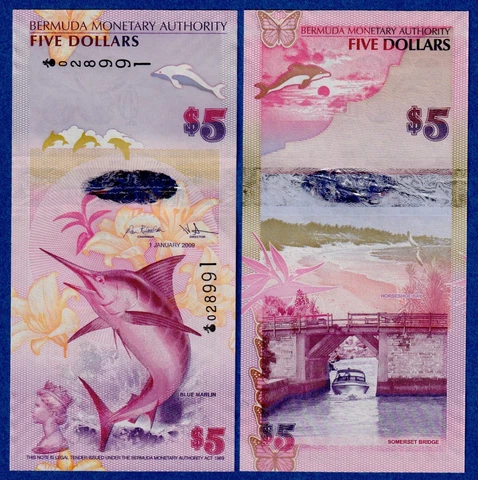 BERMUDA $5 (2009) P-58 Onion Prefix UNC Banknote -  Blue Marlin Cover