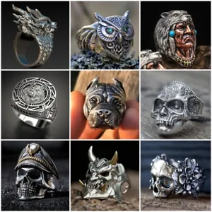Vintage Gothic Punk Skull Ring Cool Men's Band Stainless Steel Rings Jewelry - Picture 1 of 42