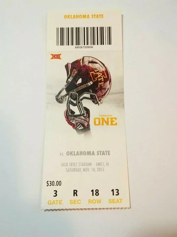 2015 Iowa State Cyclones Oklahoma State Football Ticket Stub Cover