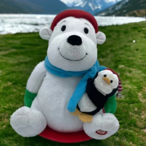 Hallmark SEE VIDEO Snowtime Pals Animated Polar Bear and Penguin on Sled Plush - Picture 1 of 6