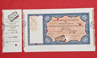 REGNO D' ITALIA  CASSA DEPOSITI E PRESTITI  BUONO FRUTTIFERO DA 1000 LIRE  1945 - Immagine 1 di 2
