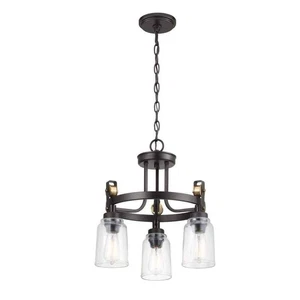 Knollwood 17½″ 3‑Light Black Bronze Industrial Round Chandelier w/ Brass Accents - Picture 1 of 5