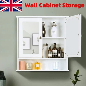Bathroom Wall Cabinet Wooden Storage Organizer Mirror Cupboard Double Door UK - Picture 1 of 14