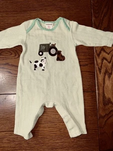 CachCach Tractor Cow Dog Appliqué Romper EUC Boys Green Outfit Size 6 Months - Picture 1 of 3