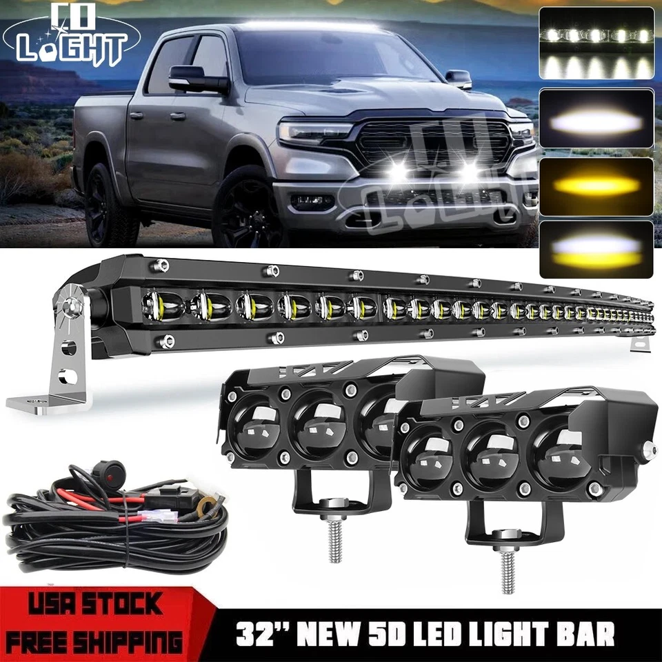 Combo de barra de luz LED curva de 32 pulgadas de 30/34"" + cápsulas de 4"" todoterreno para Dodge Ram 1500 Foto 1 de 4