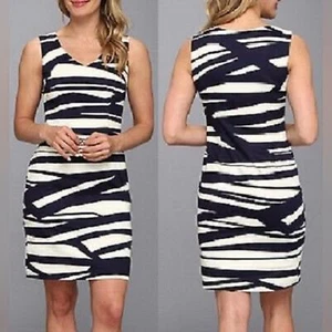 Nine West Ivory/Shanti Blue Graphic Line Stretch Cotton V-neck Sheath Dress,Sz 8 - Picture 1 of 9