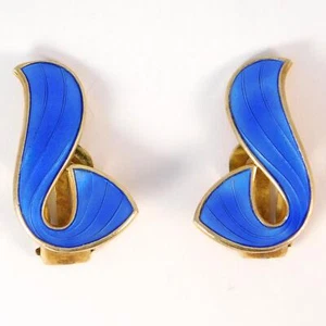 VINTAGE HROAR PRYDZ BLUE ENAMEL AND STERLING SILVER MODERNIST EARRINGS - Picture 1 of 4