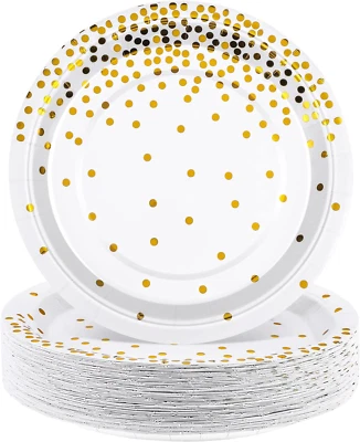 Platos de papel desechables 60 piezas 7 pulgadas blanco y dorado lámina punto plato de postre Foto 1 de 4