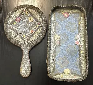 Antiker französischer Kosmetikspiegel & Tablett mit Seidenband Rosenspitze viktorianisches Boudoir - Bild 1 von 19