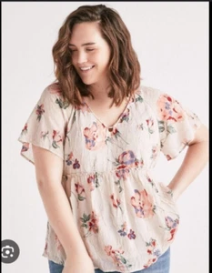 Lucky Brand Women's Floral Crinkle Flutter Sleeve Romantic Babydoll Blouse Sz XL - Picture 1 of 10