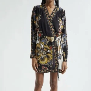 Farm Rio, Floral Border Print Long Sleeve Wrap Minidress, S, Black - Picture 1 of 4
