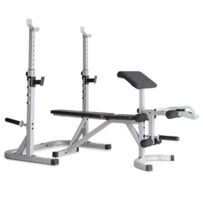 Weider Platinum Utility Bench and Squat Rack, Preacher Curl Pad + Weight Storage