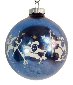 Shiny Brite Christmas Santas on Skis Skiers Skiing Blue Glass Ball 1948 #69 - Picture 1 of 8