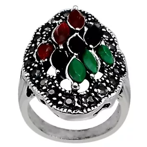 Vintage Silver Plated Multicolor Ony Cocktail Ring - Bold Statement Jewelry - Picture 1 of 4