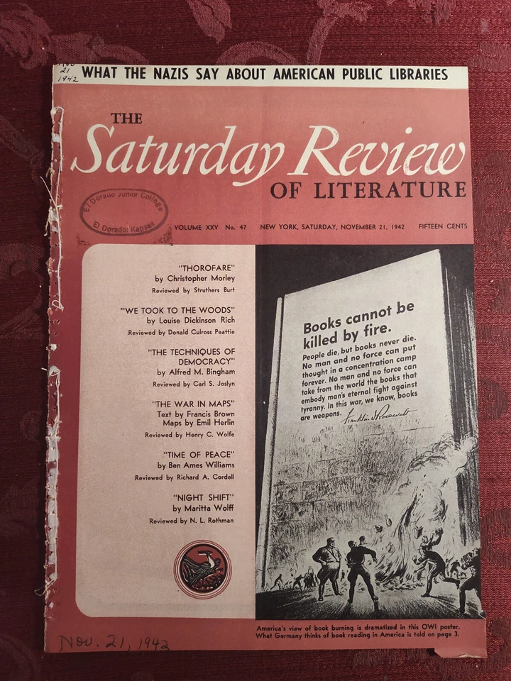 SATURDAY REVIEW Magazine November 21 1942 NAZIs BURN BOOKS WWII - Image 1 of 1