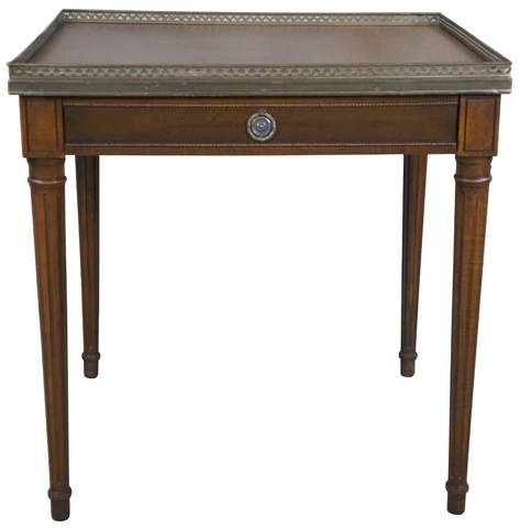 Vintage Baker Furniture French Louis XVI Style Walnut Accent Table Brass Gallery Cover