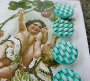 Set Of 6 Vintage 1/2" Turquoise Gingham Painted Glass Buttons~new/old stock - Picture 1 of 2