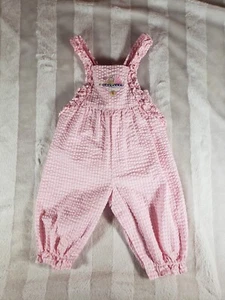 Vintage Baby Girls Pink White Plaid Seersucker Ruffle Bunny Overalls 6-9 Months - Picture 1 of 11