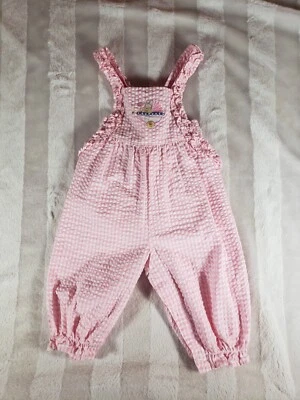 Vintage Baby Girls Pink White Plaid Seersucker Ruffle Bunny Overalls 6-9 Months - Image 1 of 4