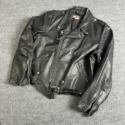 Chaqueta de Cuero Brooks Negra Estilo Motociclista Talla 48 XL Envejecida Foto 1 de 4