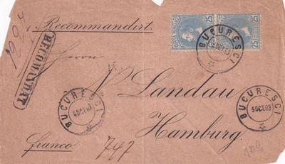 RUMANÍA - 1883 REG CUBIERTA BUCURESTI A ALEMANIA 25 BANI PERLA PERF ERROR VARIEDAD Foto 1 de 2