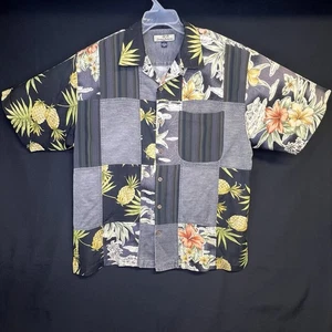 Camicia hawaiana Tommy Bahama 100% seta LRG nera patchwork ananas floreale campo - Foto 1 di 13
