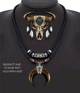 Half-Moon 32" Tribal Leather Bead Necklace Men's Jewelry Unisex Dad Son Bro HOT' - Picture 1 of 18