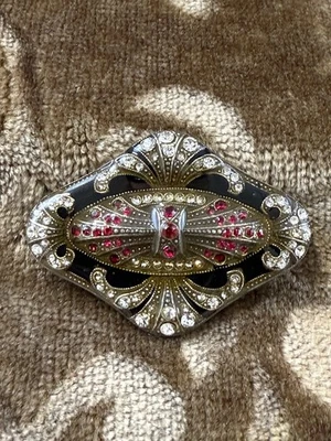 Große,Vintage Brosche,  Art Deco Stil, Strass, Emaille, Jugendstil, Anstecknadel - Bild 1 von 4