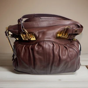 B Makowsky Large Chocolate Brown Leather Shoulder Hobo Bag Chunky Gold Hardware - Picture 1 of 19