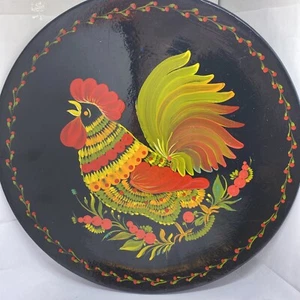 Rooster Wooden Tray Soviet Union Plate Hand Painted Round Vintage - Picture 1 of 5