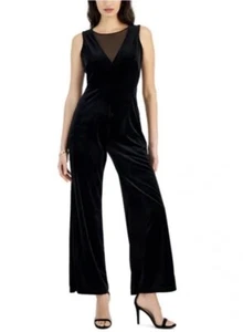 Taylor Women's Black Illusion-Trimmed V-Neck Velvet Jumpsuit Size 2 Whimsy goth - Picture 1 of 11