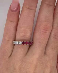 Very Fine 3.5 Ctw Blood Red Ruby & Diamond Eternity Ring 18K White Gold Band - Picture 1 of 7
