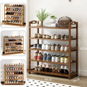 5 TIER NATURAL WOODEN BAMBOO SHOE RACKS STORAGE ORGANISER STAND SHELF UNIT HOME - Picture 1 of 2