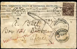 1918 KGV on James Park FRSGS cover Brisbane Qld to S Africa Return to Sender DLO - Picture 1 of 2