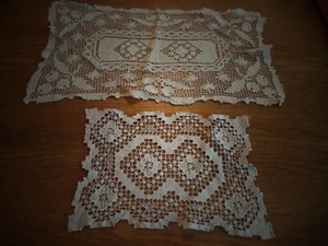 2 VINTAGE ANTIQUE OFF WHITE DOILIES DRESSER SCARFS MAYBE CROCHET RECTANGLES - Picture 1 of 22