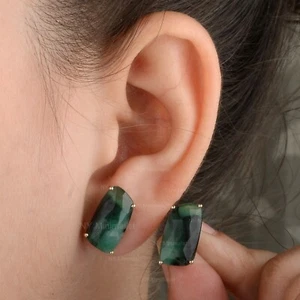 Natural Zambian Emerald Gemstone 14K Solid Yellow Gold Unique Stud Earrings - Picture 1 of 12