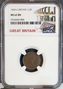 1844 GREAT BRITAIN 1/2 FARTHING VICTORIA YOUNG HEAD NGC MS 62 BN SCARCE - Picture 1 of 3