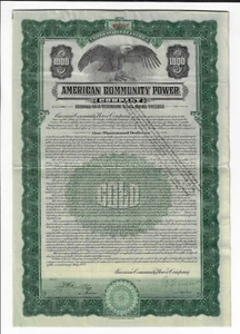 DELAWARE 1928 American Community Power Company Bond Stock Certificate - Picture 1 of 3