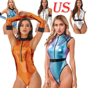 Womens Shiny Glossy Bodysuit Astronaut Costume Zip Up Catsuits Party Clubwear - Picture 1 of 45