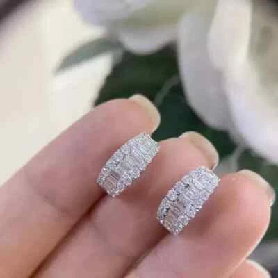 3Ct Baguette Cut Lab Created Diamond Huggie Hoop Earrings 14k White Gold Plated - Image 1 of 4